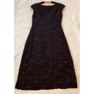 Lauren Ralph Lauren Black Sequin Lace Dress 8 Sheath Fitted Stretch‎ LBD NYE